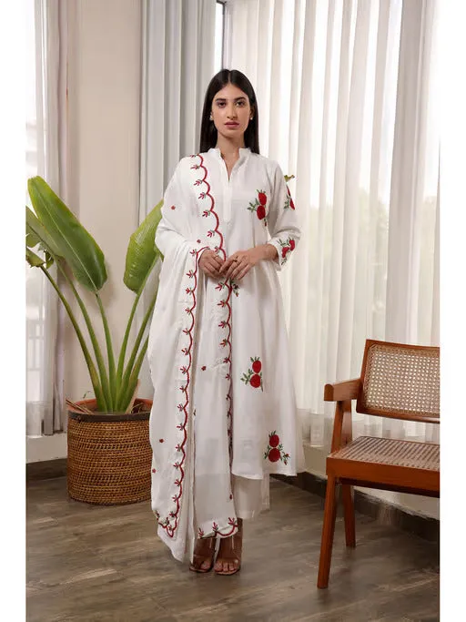 White Muslin Red Flower Embroidered A-Line Straight Set