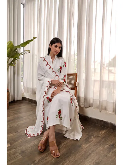 White Muslin Red Flower Embroidered A-Line Straight Set