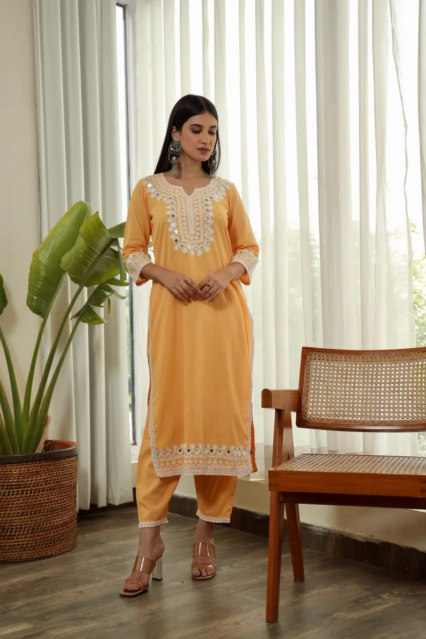 Yellow embroidered cotton straight set