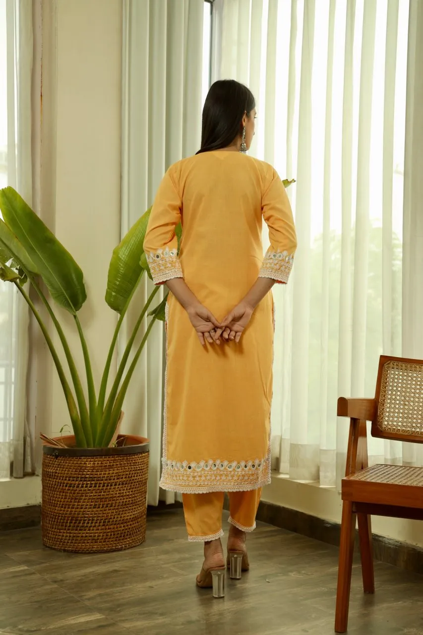 Yellow embroidered cotton straight set