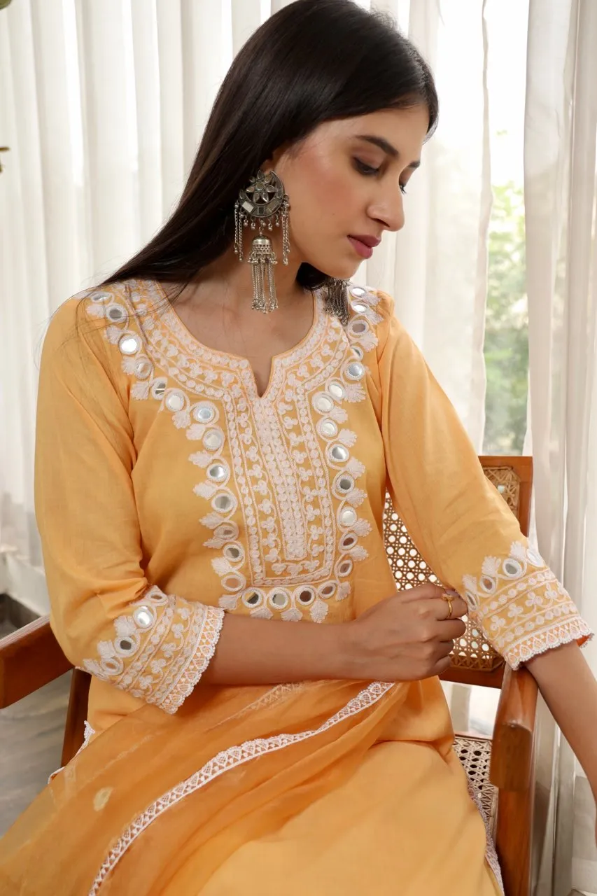 Yellow embroidered cotton straight set