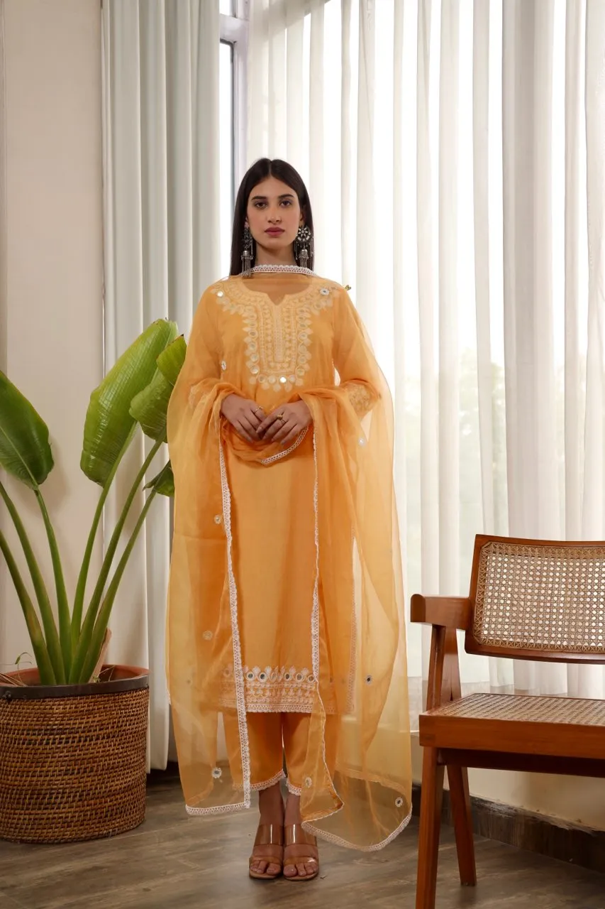 Yellow embroidered cotton straight set