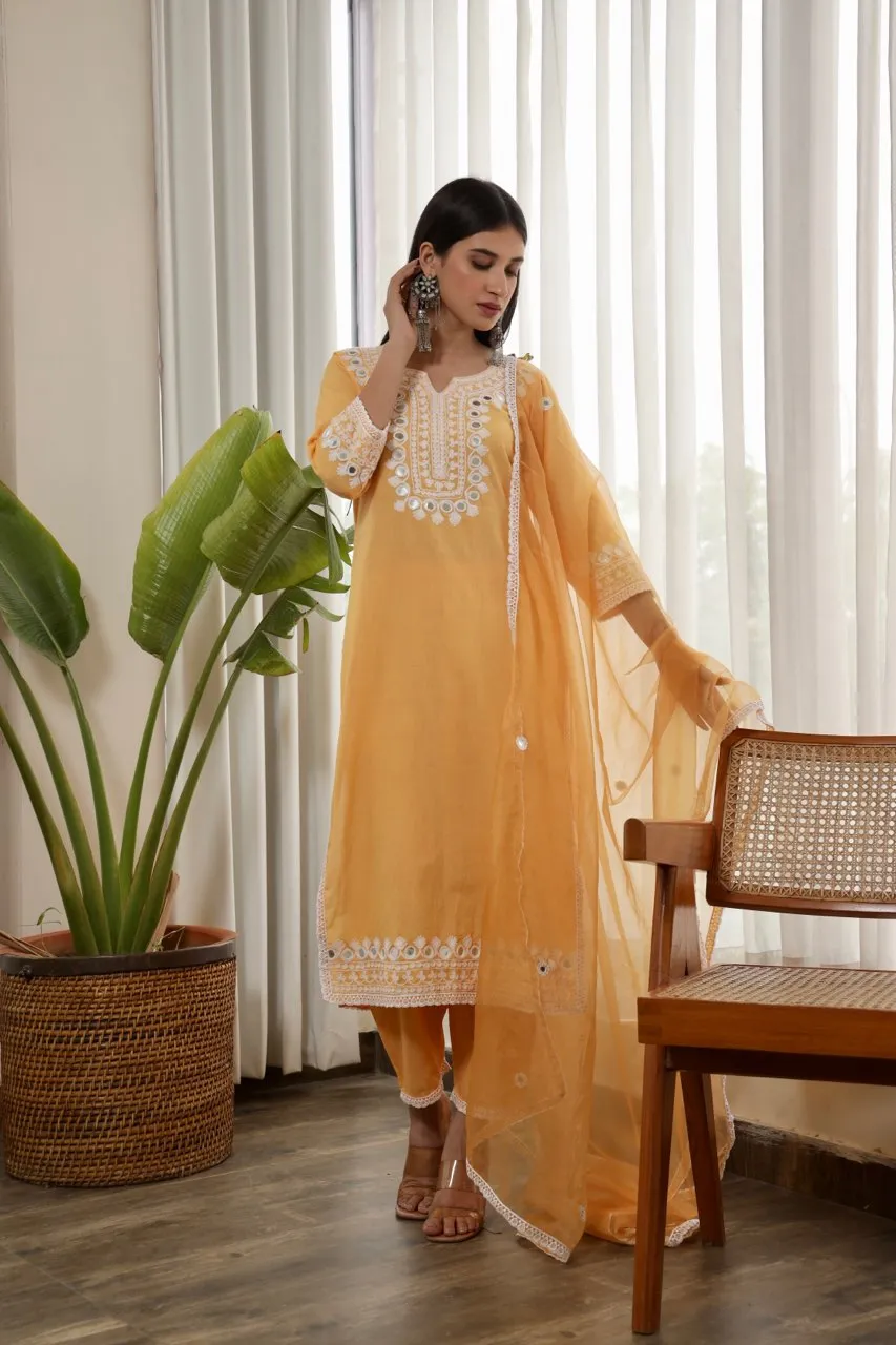 Yellow embroidered cotton straight set