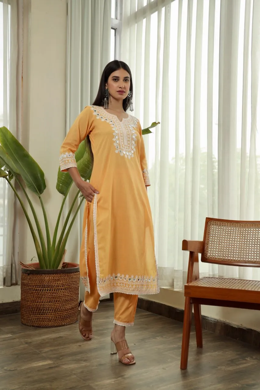 Yellow embroidered cotton straight set